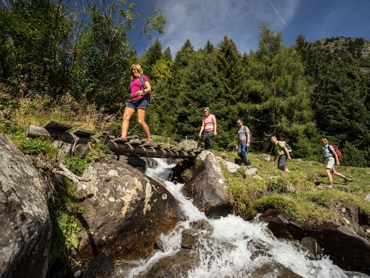 Aktivhotel Panorama: Wandern Gruppe wandert über kleine Holzbrücke an Bergbach im Wald