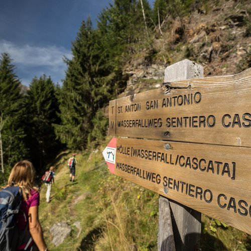 Aktivhotel in Südtirol: Sommererlebnisse Wanderer folgen einem Waldpfad an einem Holzwegweiser im Berggebiet