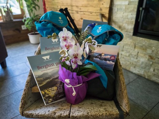 Familienhotel in Sterzing: hoi und herzlich willkommen! Orchidee, Wanderrucksäcke und Broschüren auf Holzbänkchen in rustikalem Raum