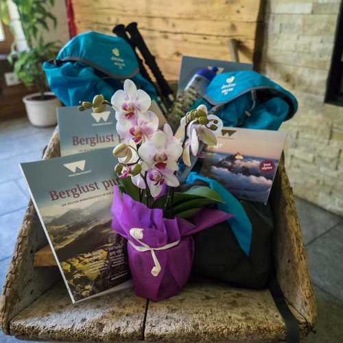 Aktivhotel in Südtirol: Sommererlebnisse Orchidee, Wanderrucksäcke und Broschüren auf Holzbänkchen in rustikalem Raum